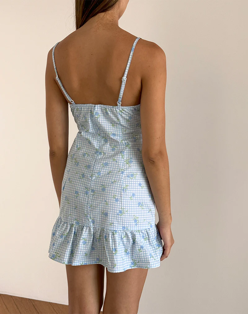 Tivata Mini Dress in Blue Flower Gingham - Image 5