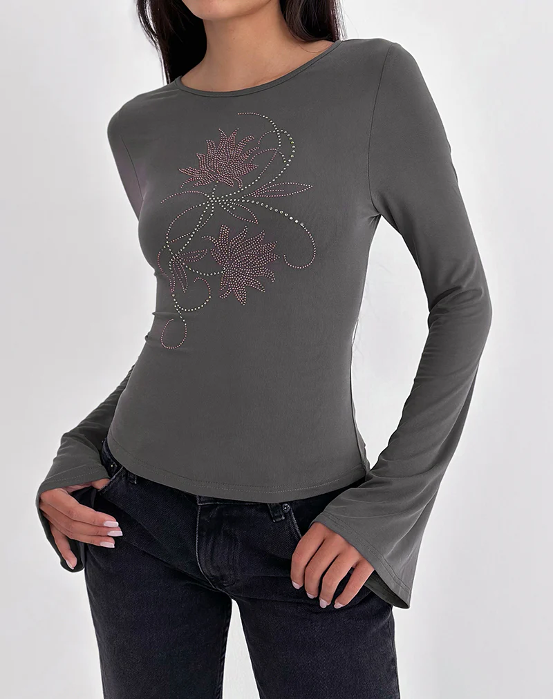 Tiyana Long Sleeve Top in Diamante Flower Dark Grey - Image 2