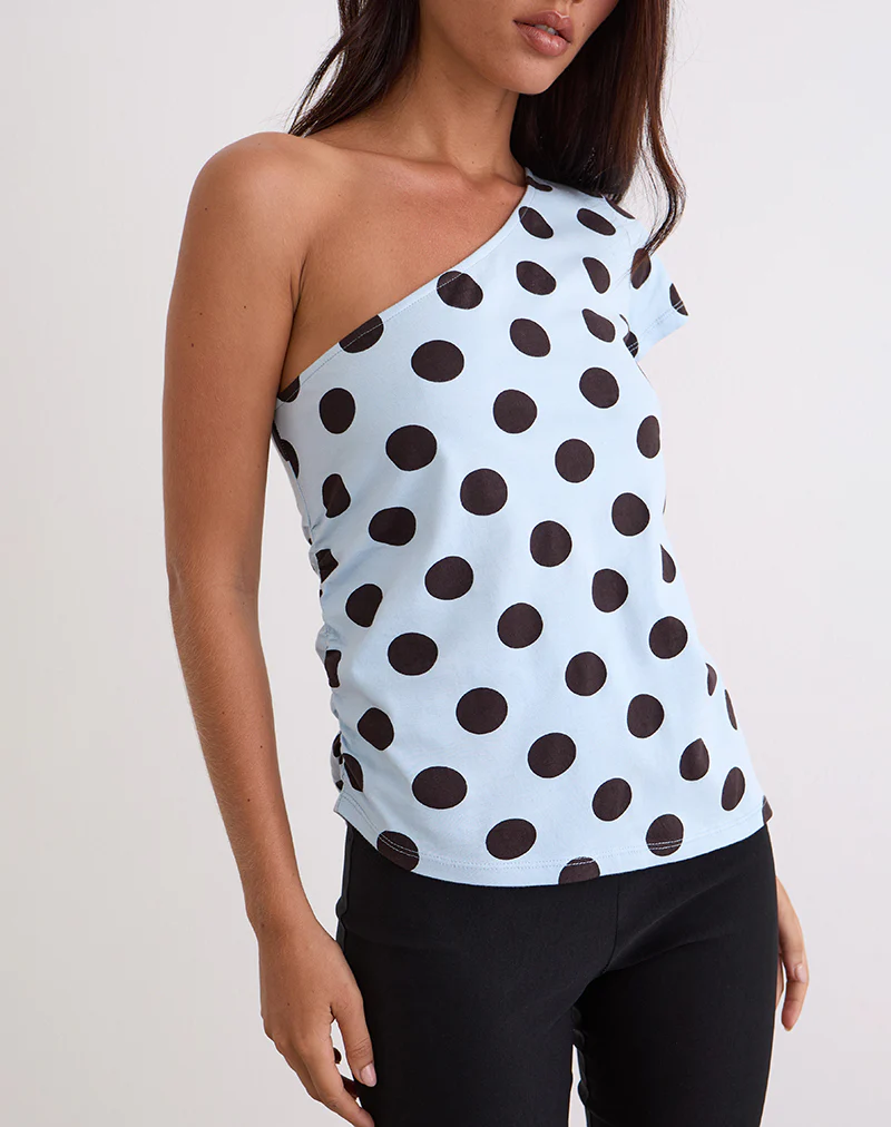 Tokiwa Asymmetric Shoulder Tee in Big Polka Blue Brown - Image 2