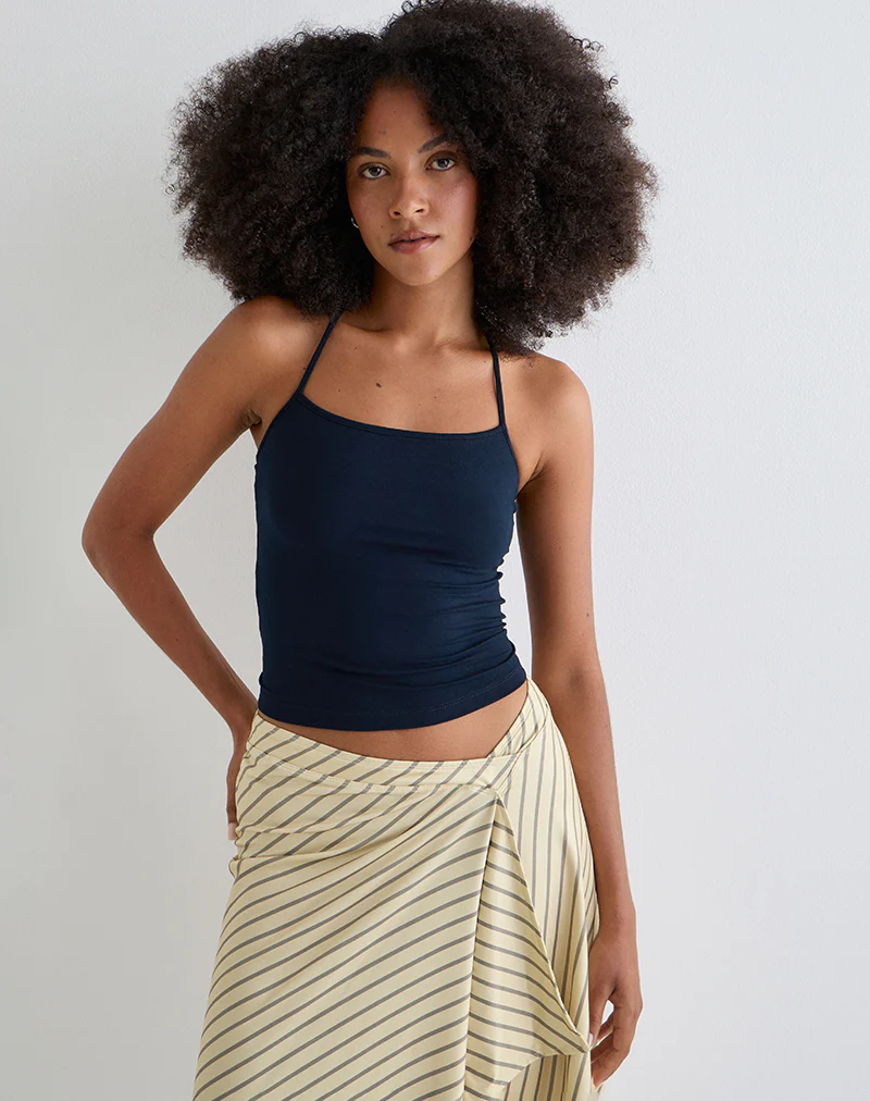 Tomoe Halter Neck Top in Rayon Jersey Navy