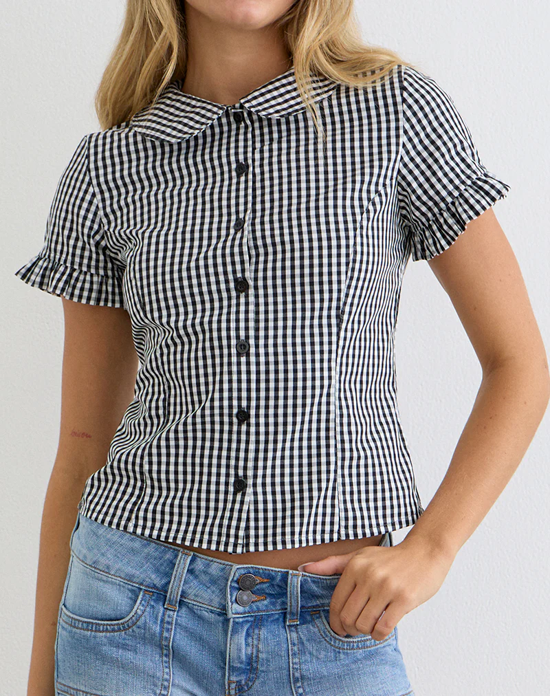 Topaz Blouse in Mini Gingham Grey - Image 3