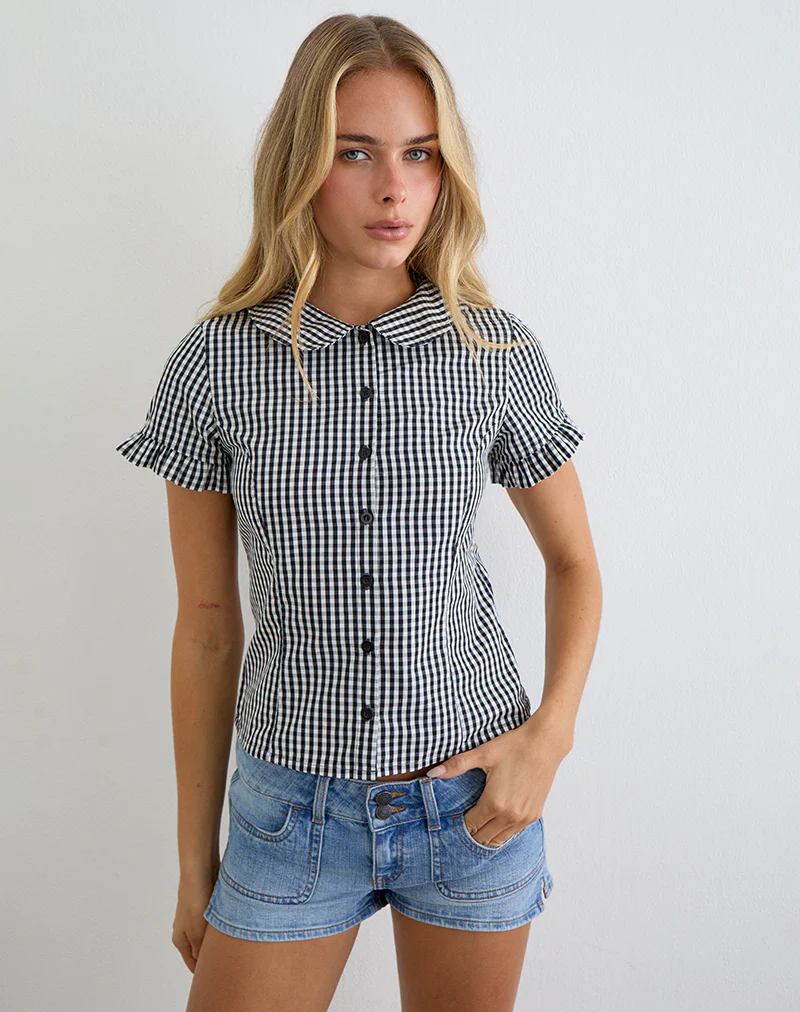 Topaz Blouse in Mini Gingham Grey - Image 4