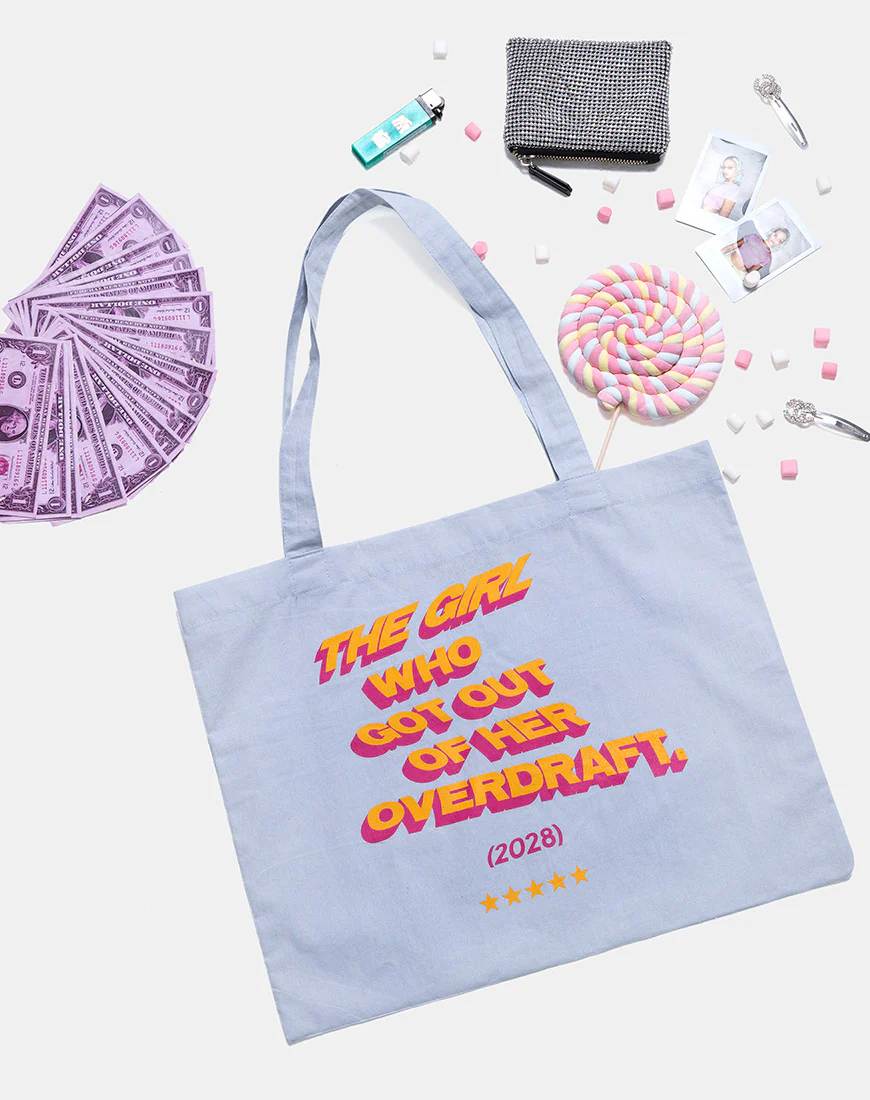 Tote Bag in Soft Blue with Overdraft Text Text X Top Girl