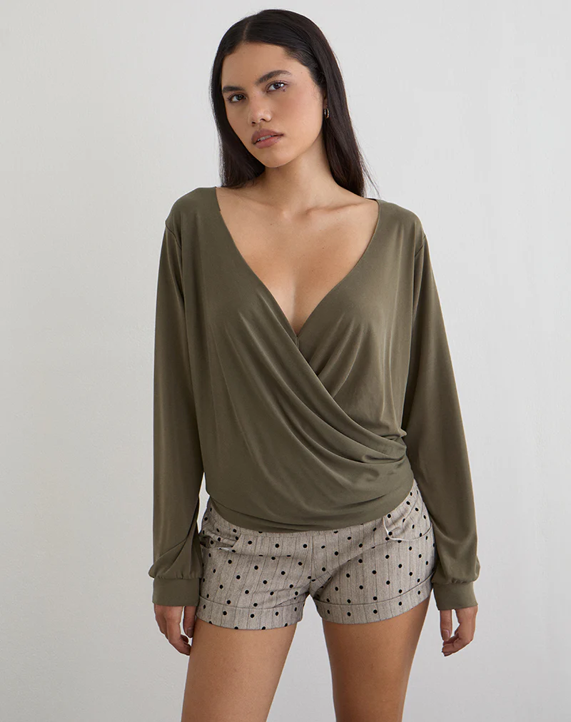 Tricia Plunge Drape Top in Cupro Khaki - Image 4