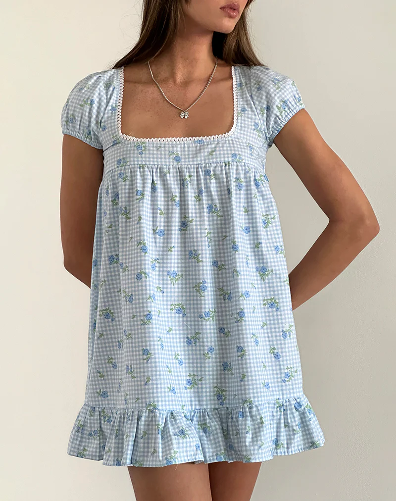 Trim Mini Dress in Blue Flower Gingham - Image 2