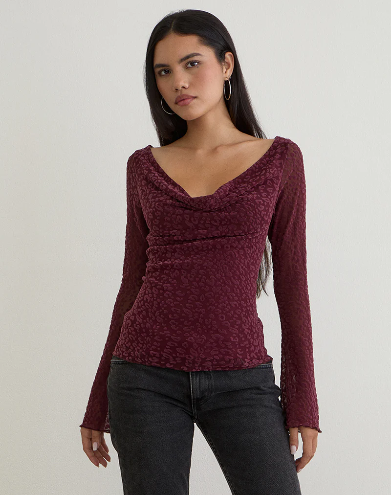 Trivedi Long Sleeve Top in Flock Mini Leopard Plum - Image 2