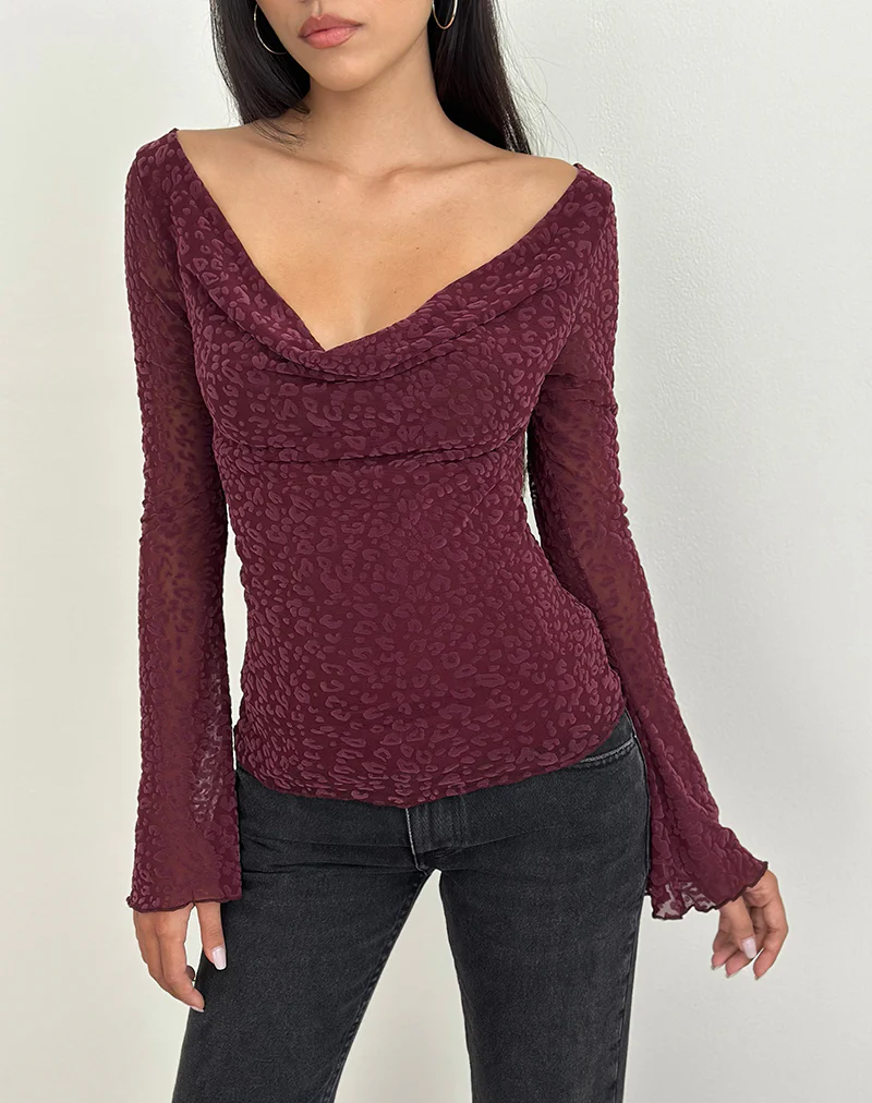 Trivedi Long Sleeve Top in Flock Mini Leopard Plum - Image 3