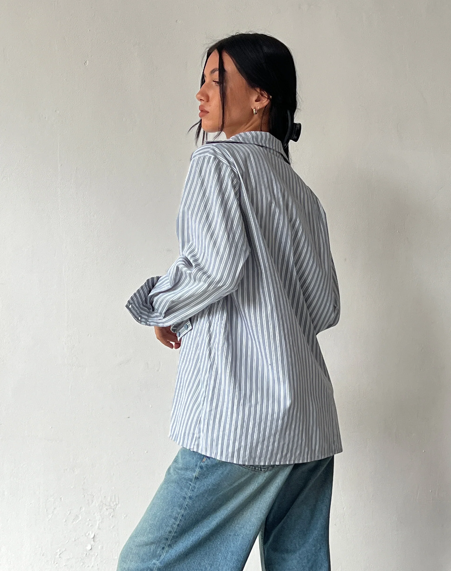 MOTEL X JACQUIE Turner Shirt in Grey and White Stripe with M Embroidery - Image 4