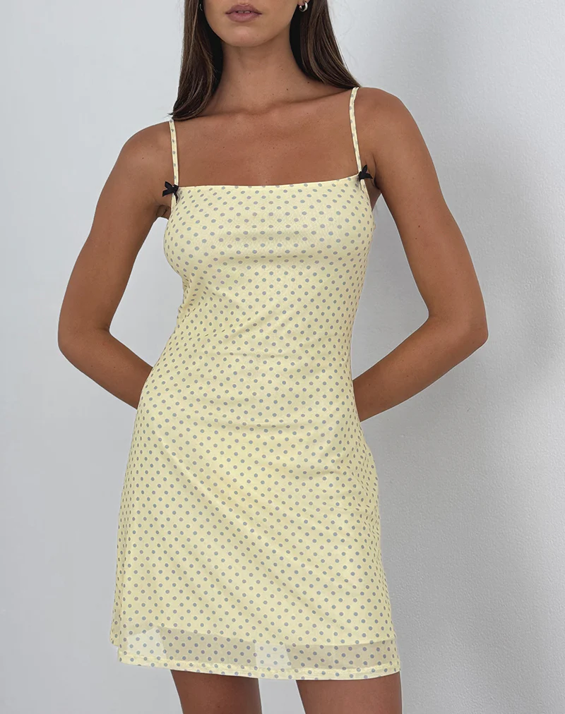 Turu Mini Dress in Yellow with Compact Grey Polka - Image 4