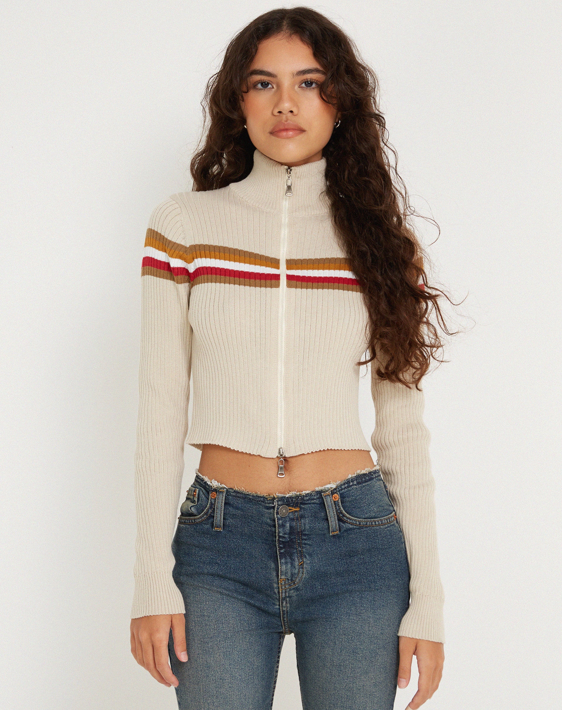 Tuzifa Cropped Knit Jumper in Beige Red and Brown - Image 2