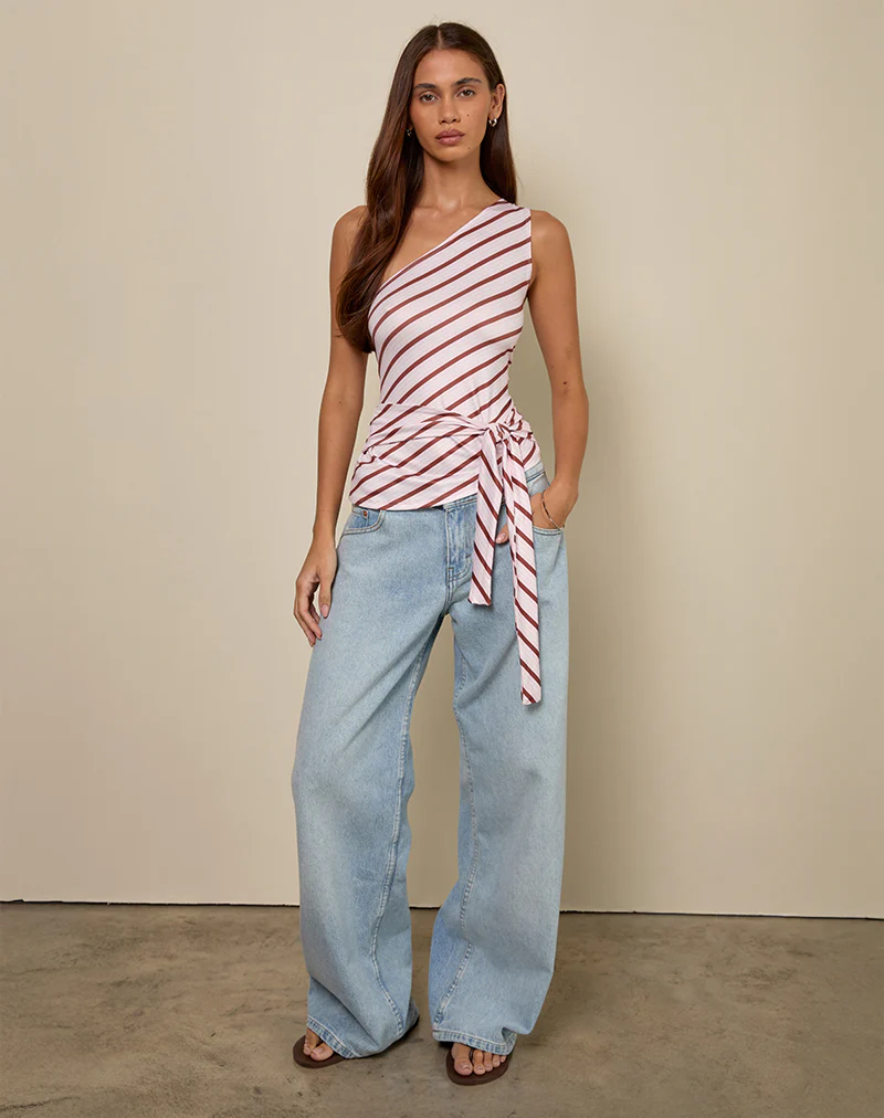 Uberta Asymmetric One Shoulder Tie Top in Diagonal Stripe Pink - Image 3