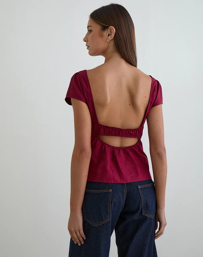 Uliva Cap Sleeve Corset Top in Poplin Burgundy - Image 3