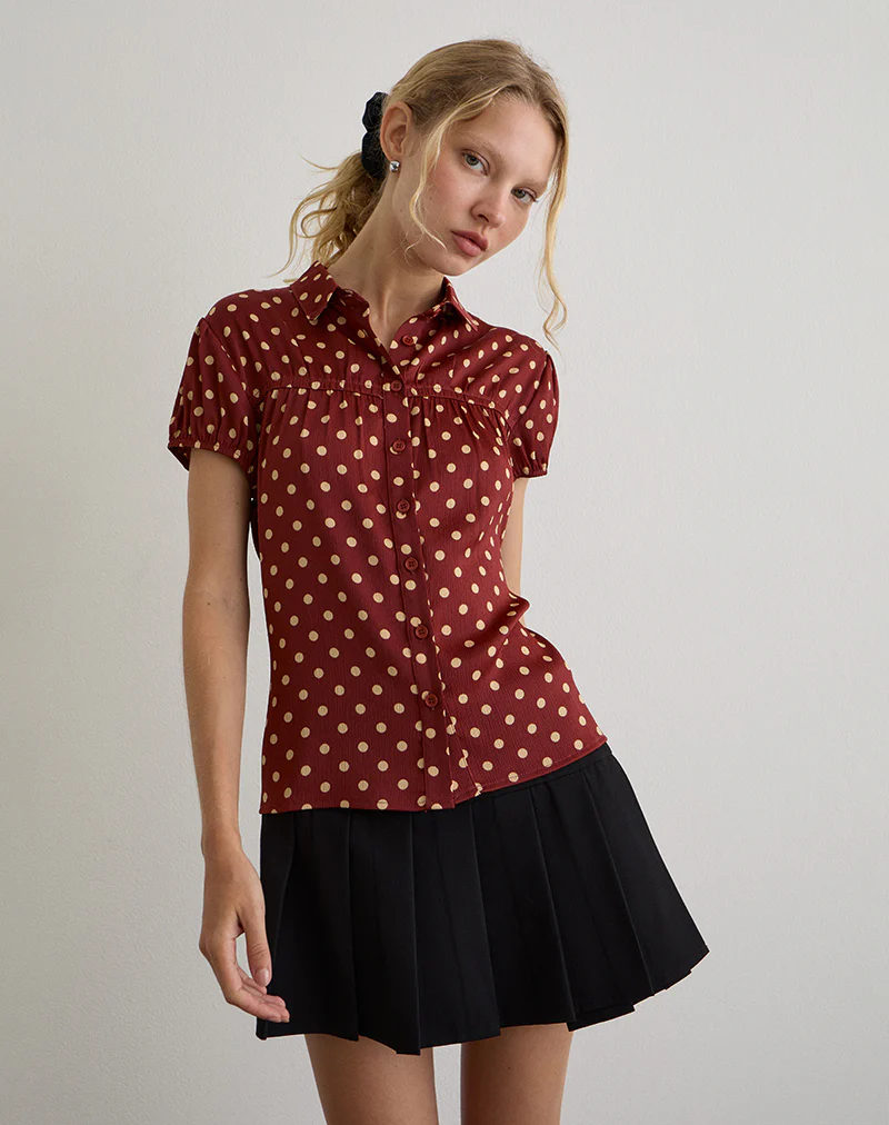 Ulsan Fitted Shirt in Burnt Red with Polka Print - Image 2