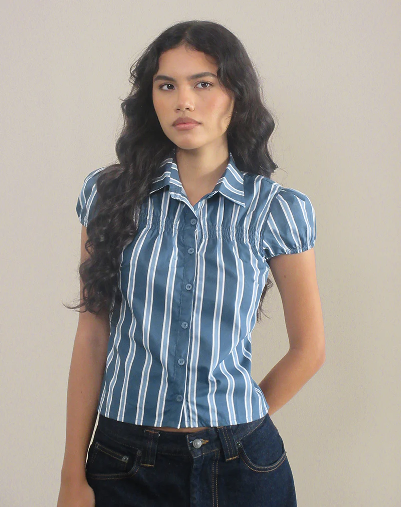 Ulsan Fitted Shirt in Poplin Formal Stripe Navy - Image 3