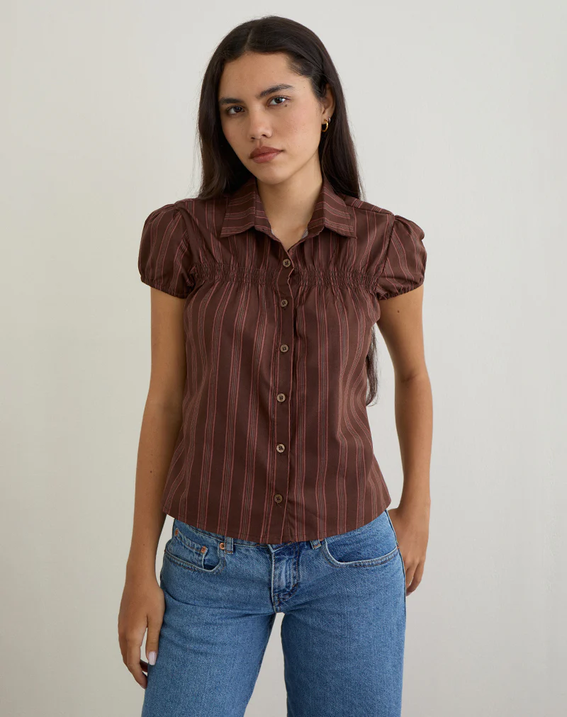 Ulsan Shirt in Poplin Stripe Brown - Image 3