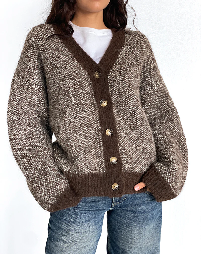 Ura Oversized Knitted Cardigan in Brown and Cream - Image 4