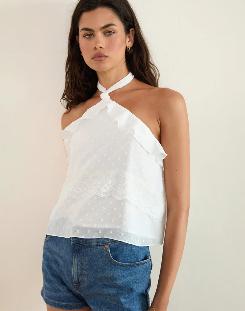 Uran Halterneck Top in Dobby Chiffon Lace White - Image 2