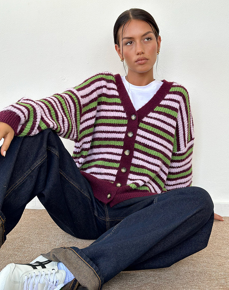 Uriela Cardigan in Green Pink and Burgundy Stripes - Image 2