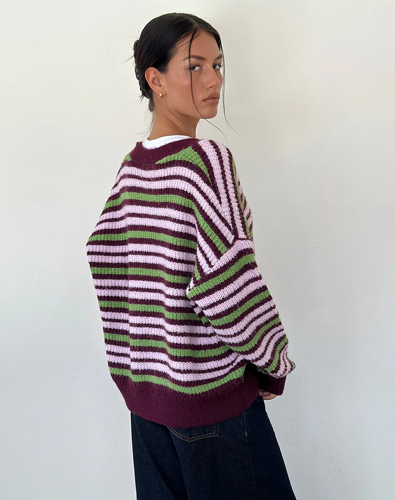 Uriela Cardigan in Green Pink and Burgundy Stripes - Image 3