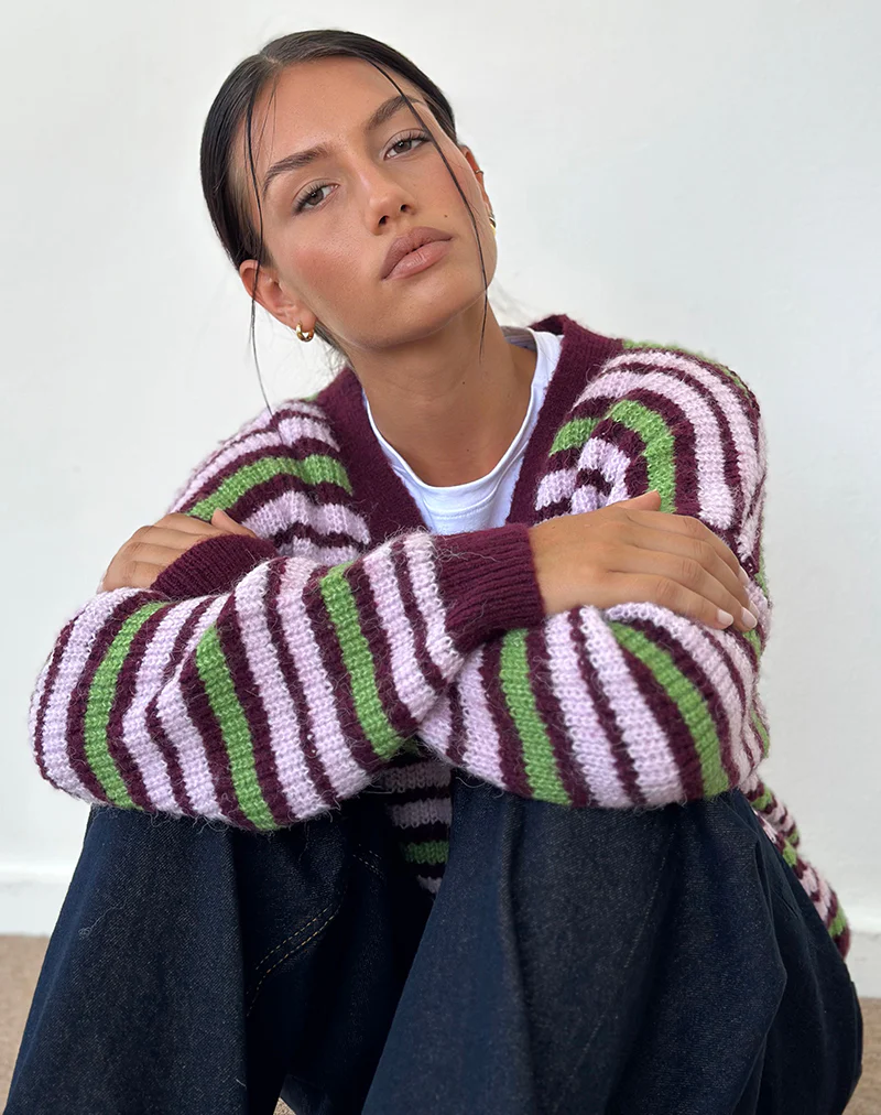 Uriela Cardigan in Green Pink and Burgundy Stripes - Image 5