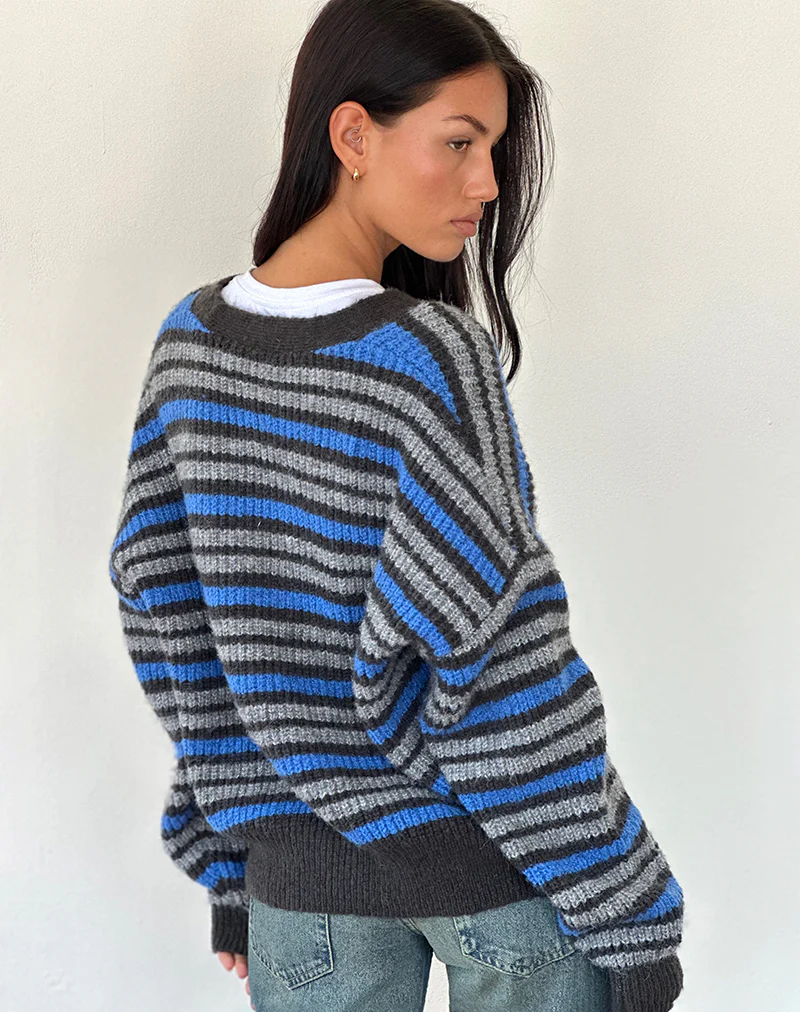 Uriela Cardigan in Light Grey and Blue Grey Stripe - Image 3