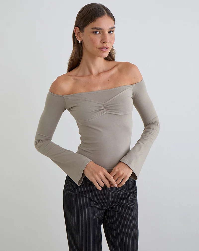 Ursuly Long Sleeve Bardot Top in Moon Rock - Image 4