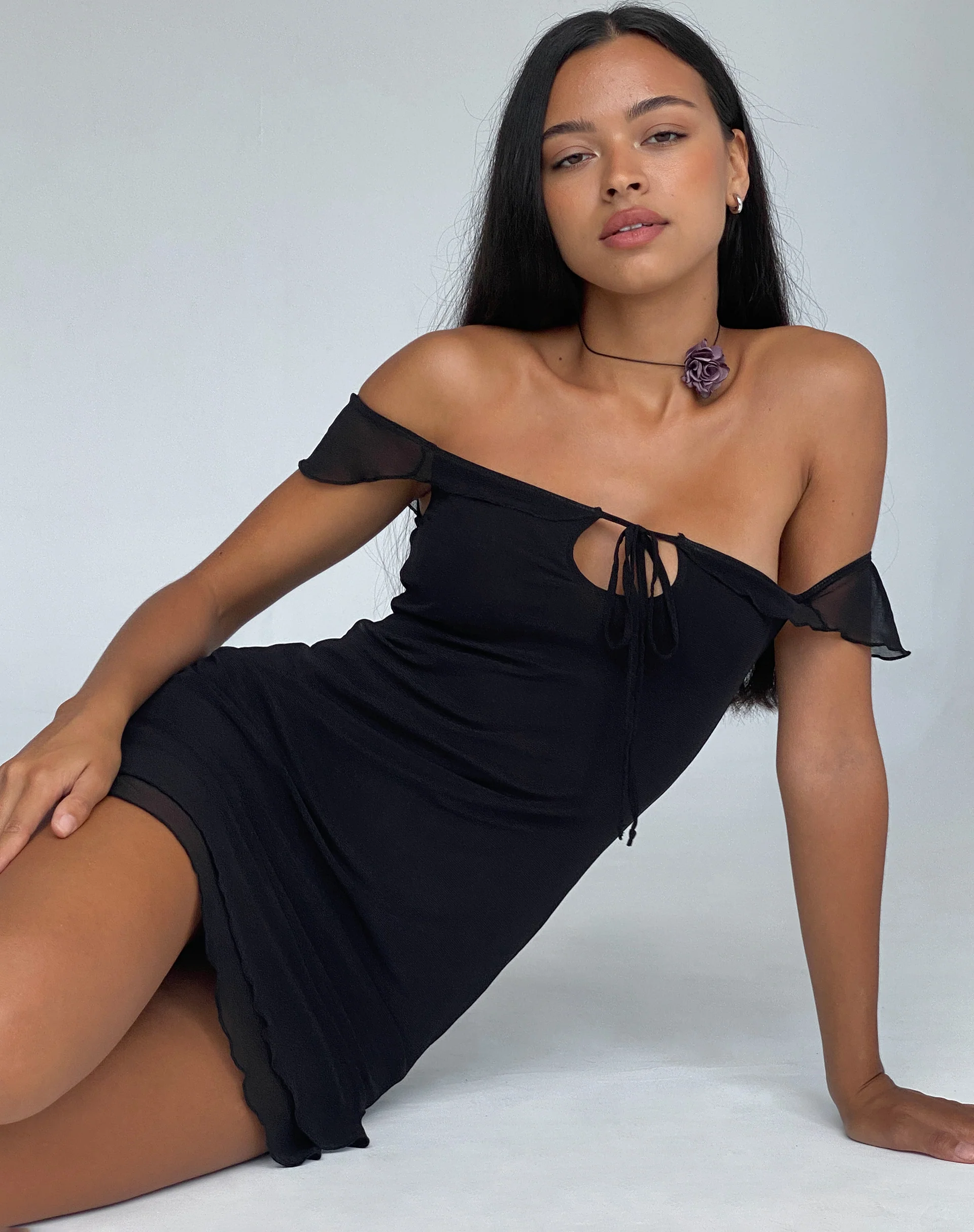 Valory Bardot Mini Dress in Black Mesh - Image 2