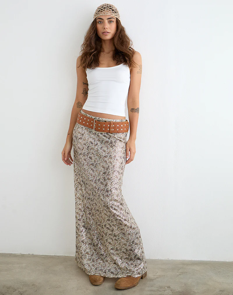 Vanessa Maxi Skirt in Paisley Sequin Gold