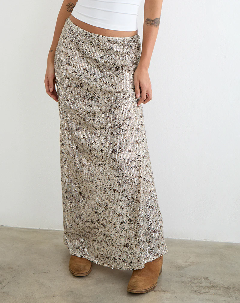 Vanessa Maxi Skirt in Paisley Sequin Gold - Image 2