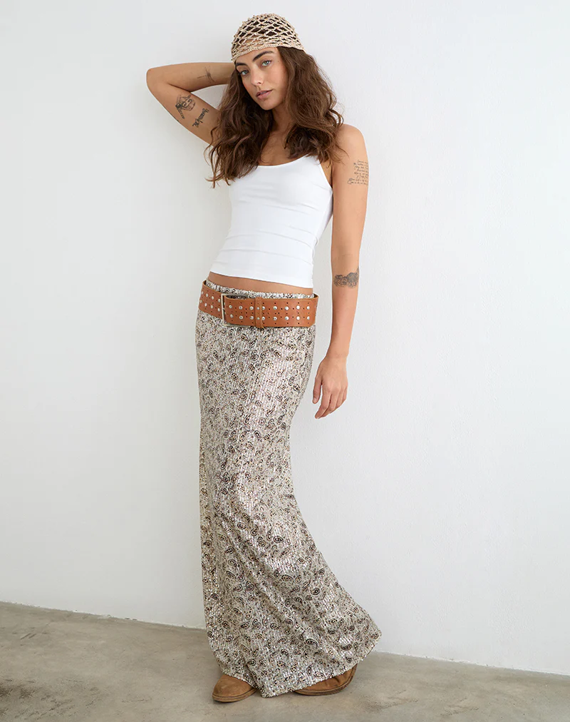 Vanessa Maxi Skirt in Paisley Sequin Gold - Image 4
