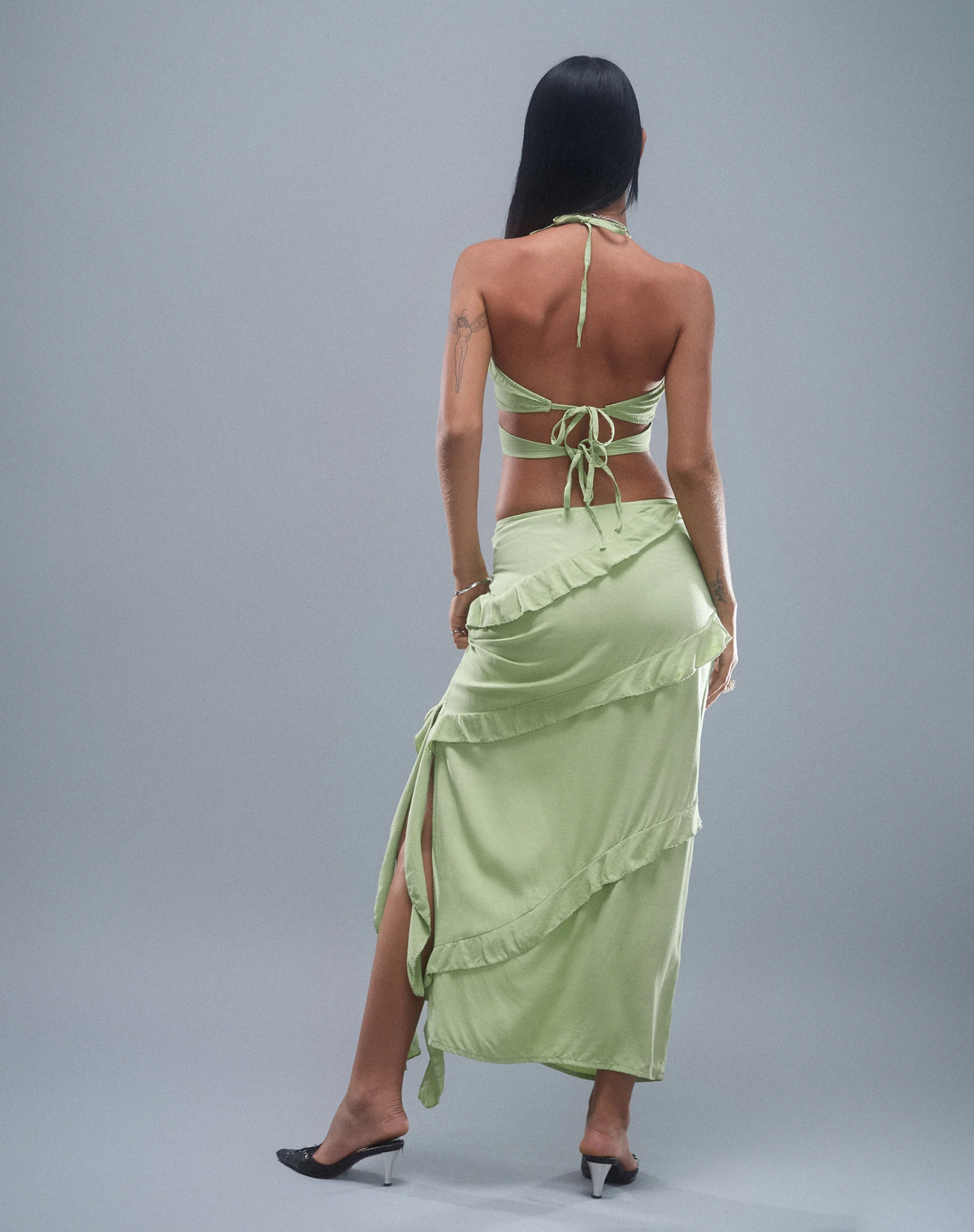 Varena Low Rise Ruffle Maxi Skirt in Mint Sage - Image 3