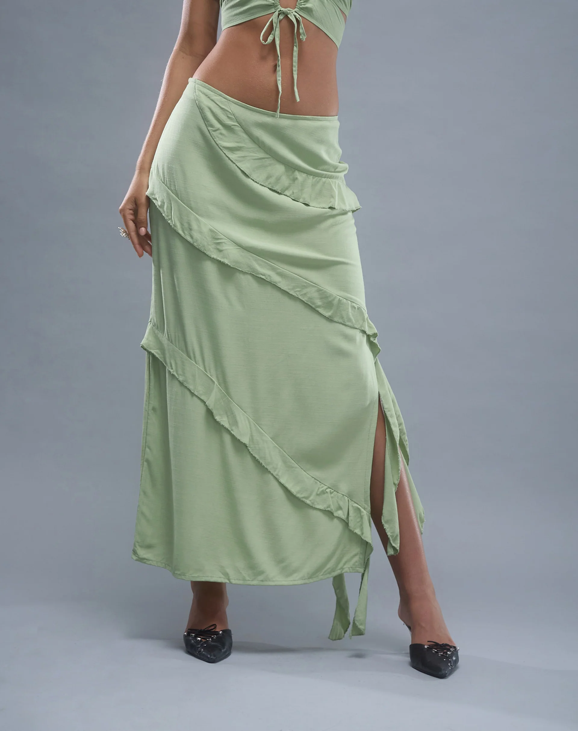 Varena Low Rise Ruffle Maxi Skirt in Mint Sage - Image 5