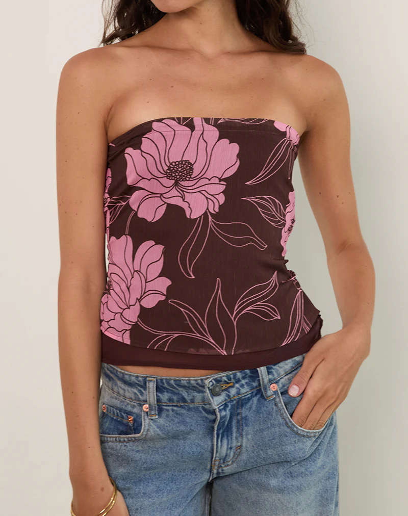 Varsha Bandeau Top in Flare Floral Pink Brown - Image 5