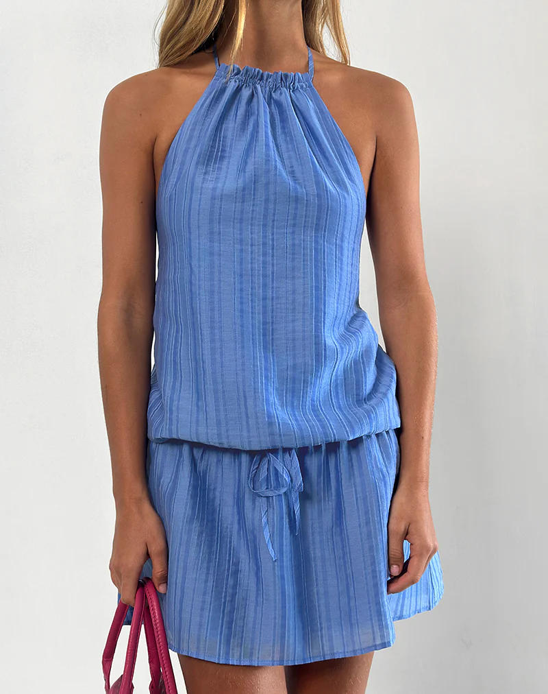 Veloria Halterneck Mini Dress in Blue Chiffon Painted Stripe - Image 2