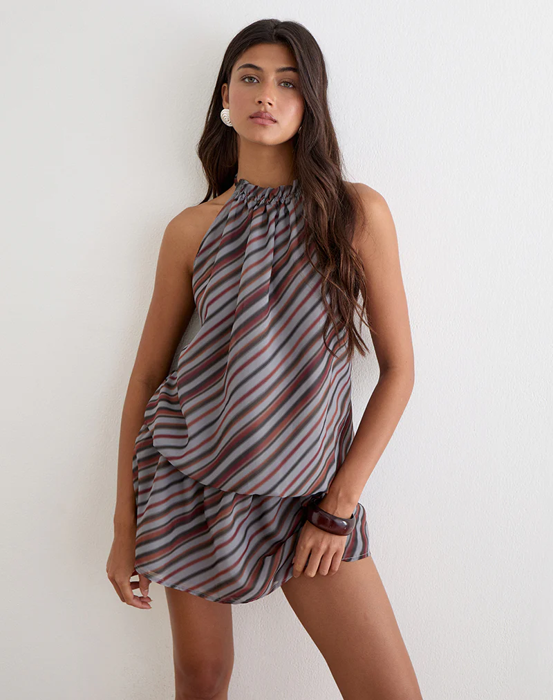 Veloria Halterneck Mini Dress in Chiffon Grey and Maroon Diagonal Stripe - Image 2