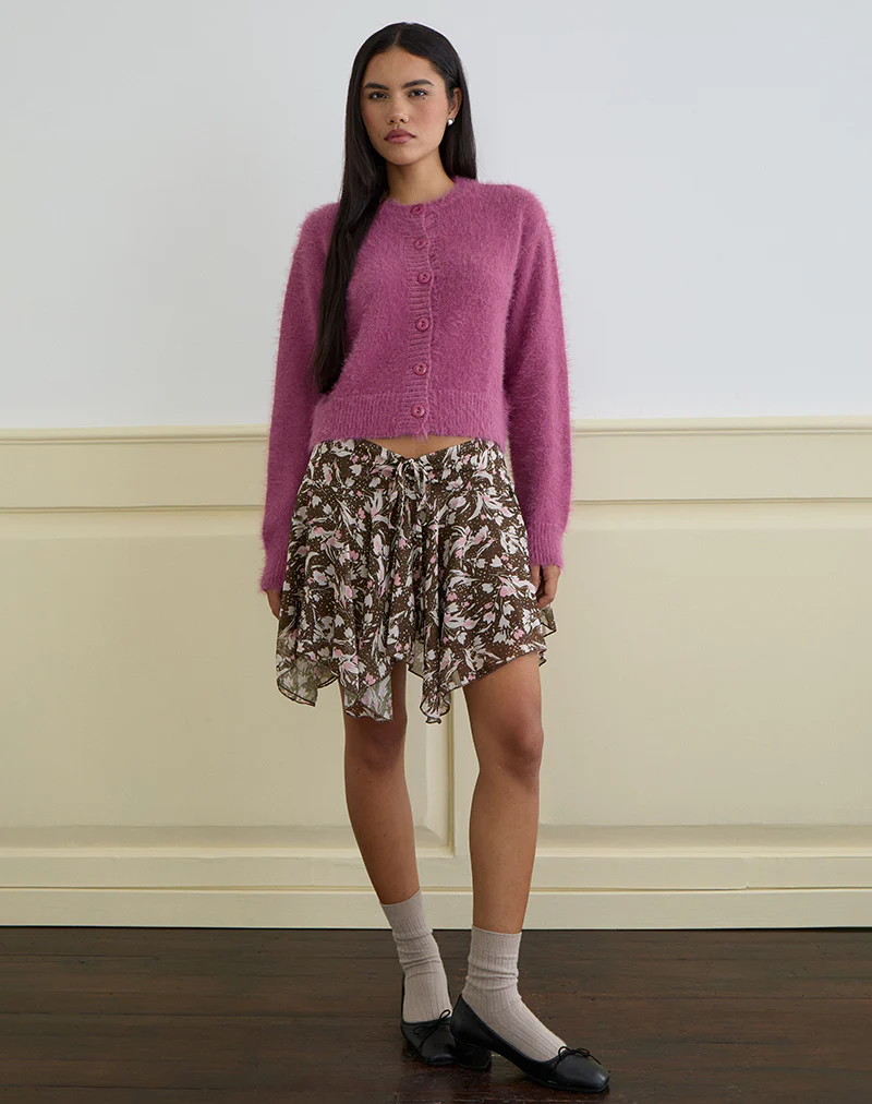 Veny Mini Skirt in Brown and Pink Polka Flower Chiffon - Image 4