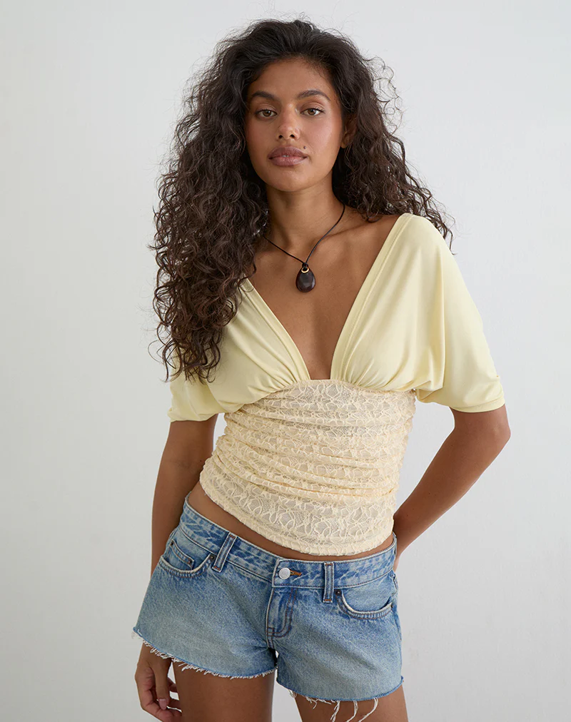 Vernia Plunge Batwing Top in Cupro Yellow with Lace Waist - Image 2