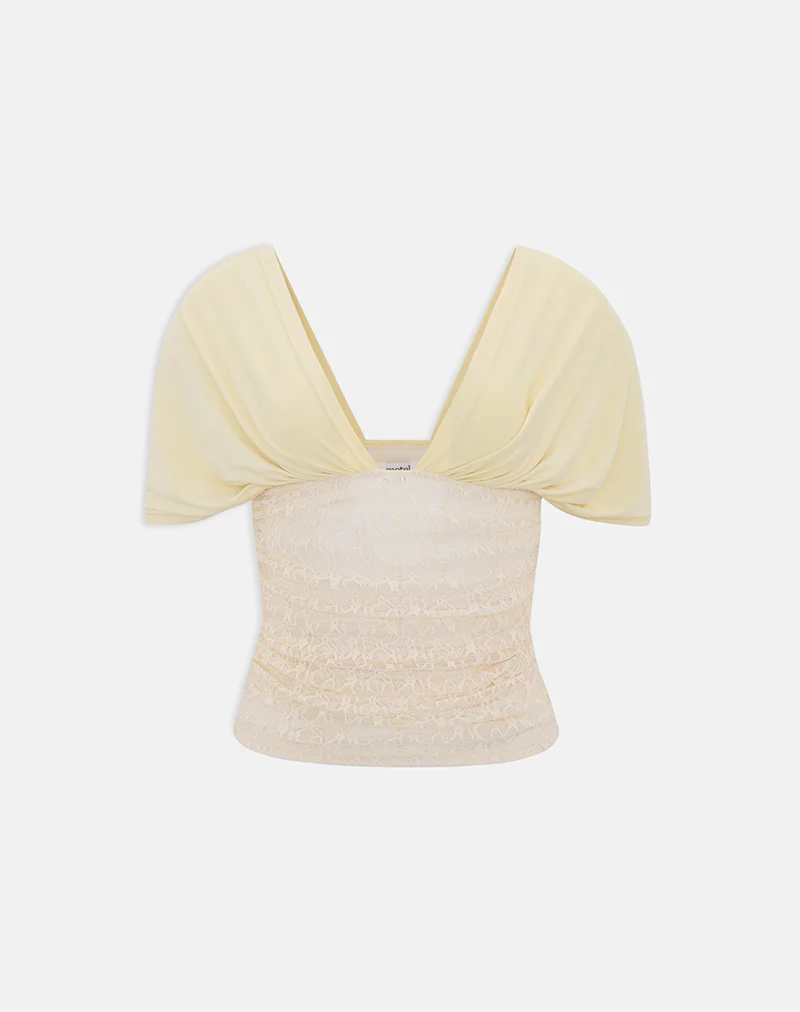 Vernia Plunge Batwing Top in Cupro Yellow with Lace Waist - Image 6