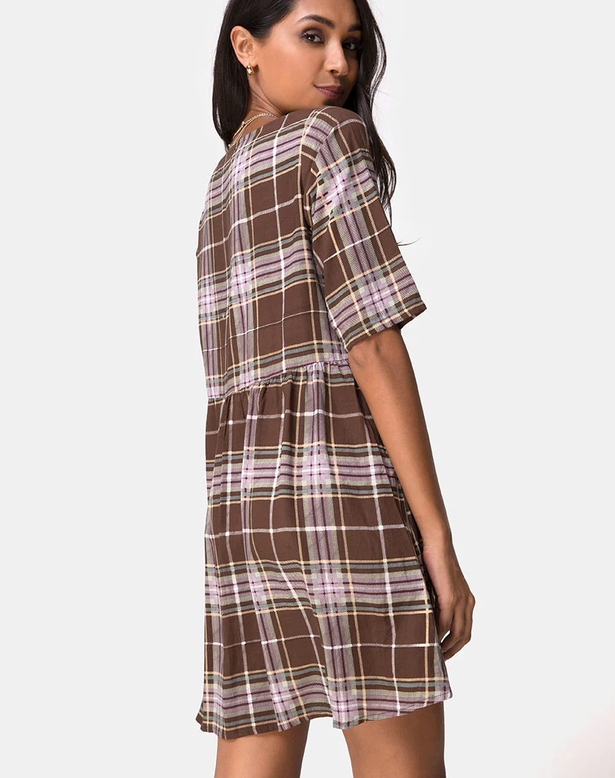 Verren Babydoll Dress in Tartan Brown - Image 2