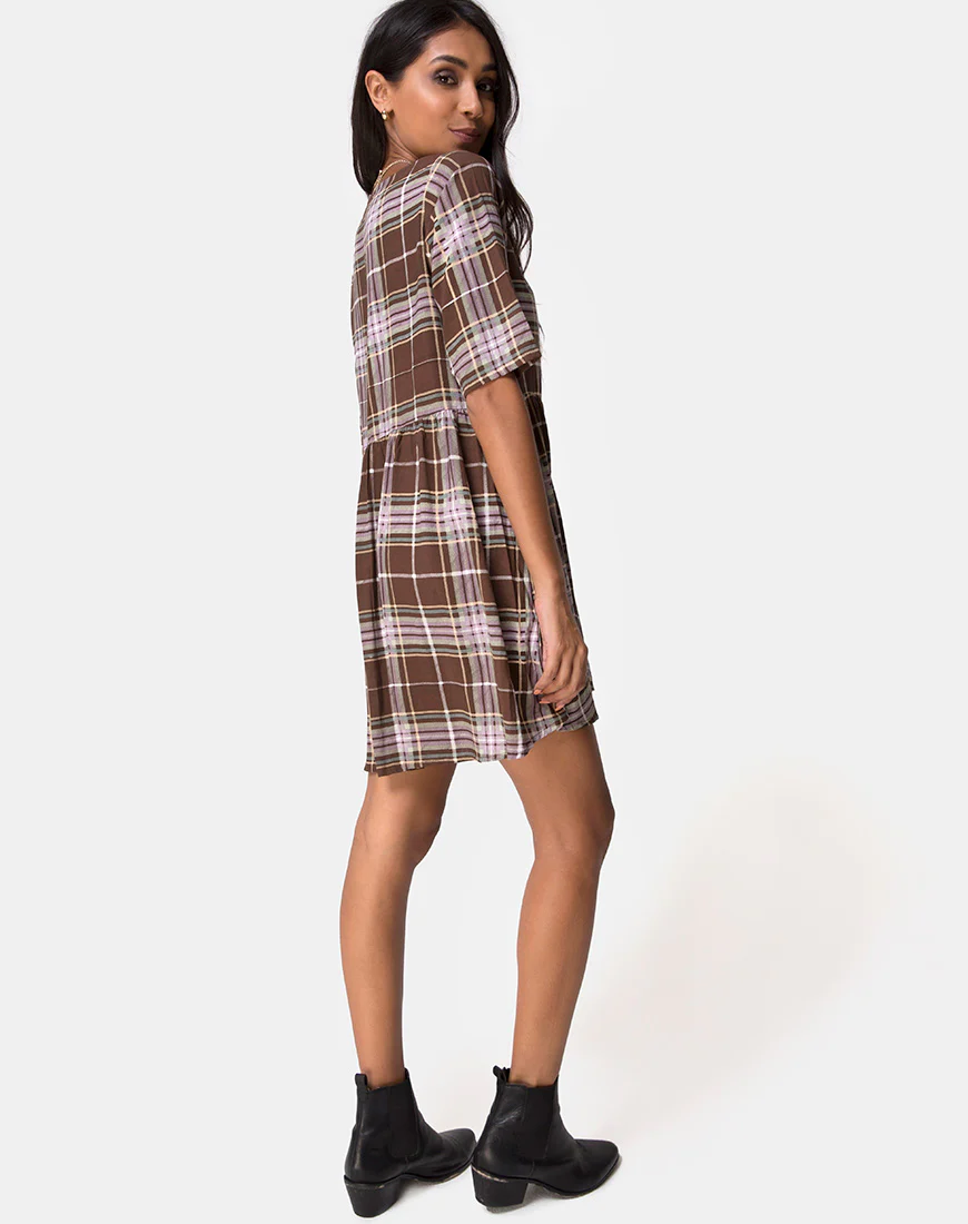 Verren Babydoll Dress in Tartan Brown - Image 4