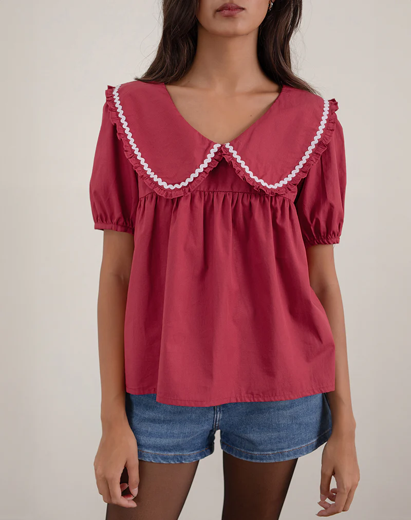 Viana Blouse in Adrenaline Red with White Trim - Image 3