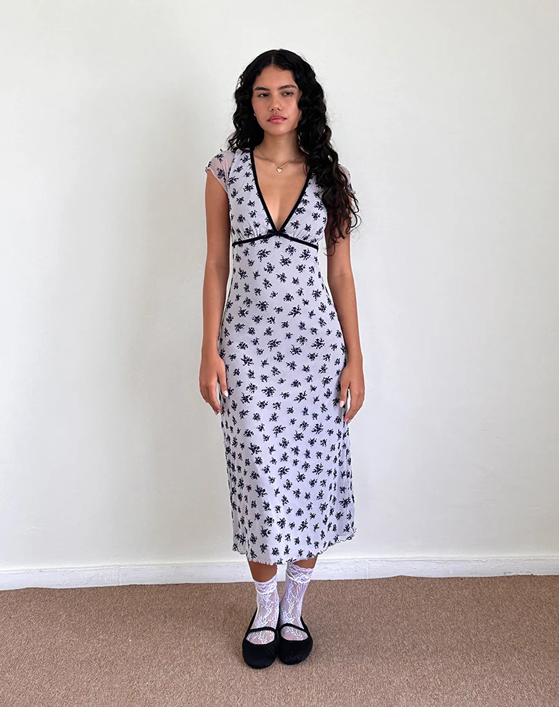 Vilinia Dress in Pale Grey Flower Cluster Flock - Image 2