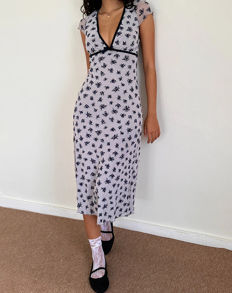 Vilinia Dress in Pale Grey Flower Cluster Flock - Image 4