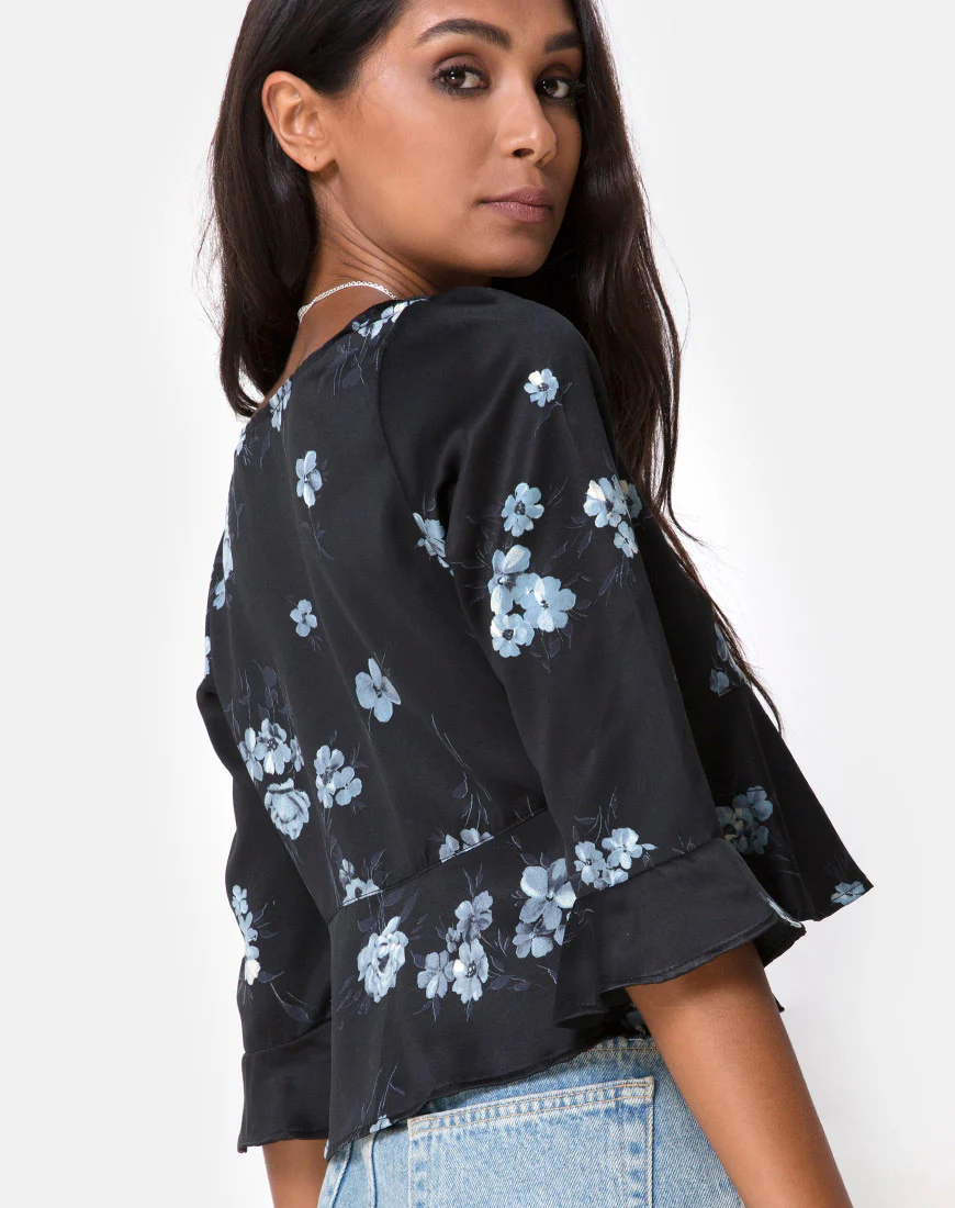 Vinequa Top in Satin Mono Flower Black - Image 2