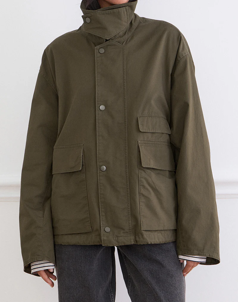 Vireon High Neck Jacket in Khaki Green - Image 4