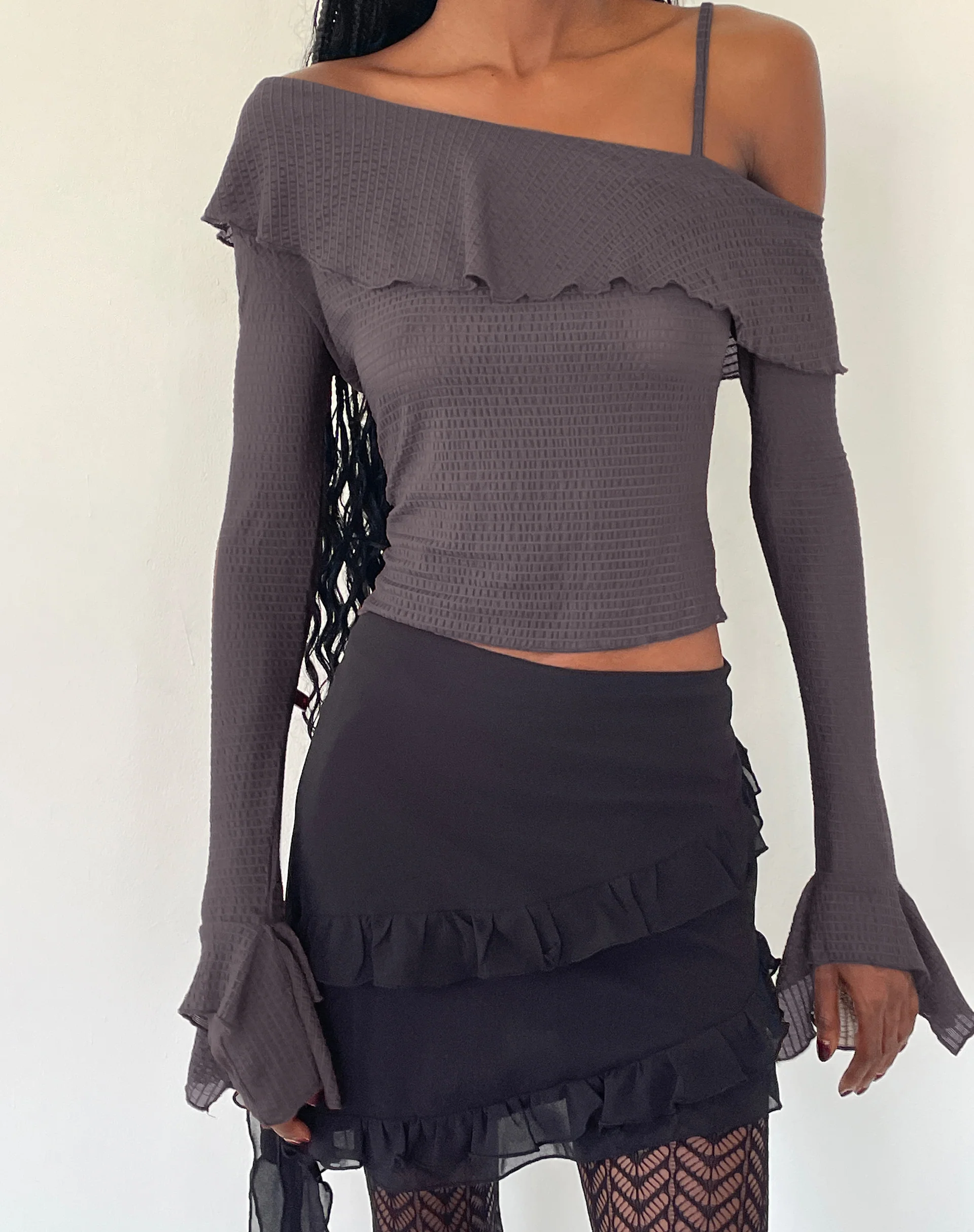 Viserra Asymmetric Long Sleeve Top in Bubble Mesh Brown - Image 2