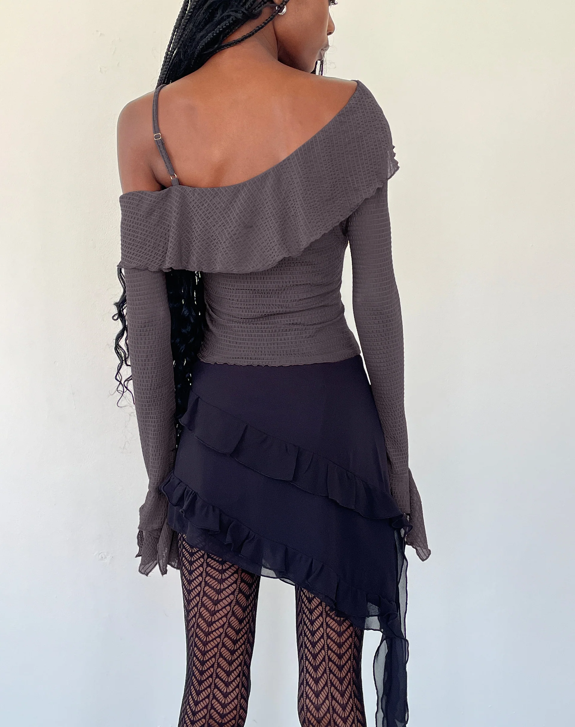 Viserra Asymmetric Long Sleeve Top in Bubble Mesh Brown - Image 6