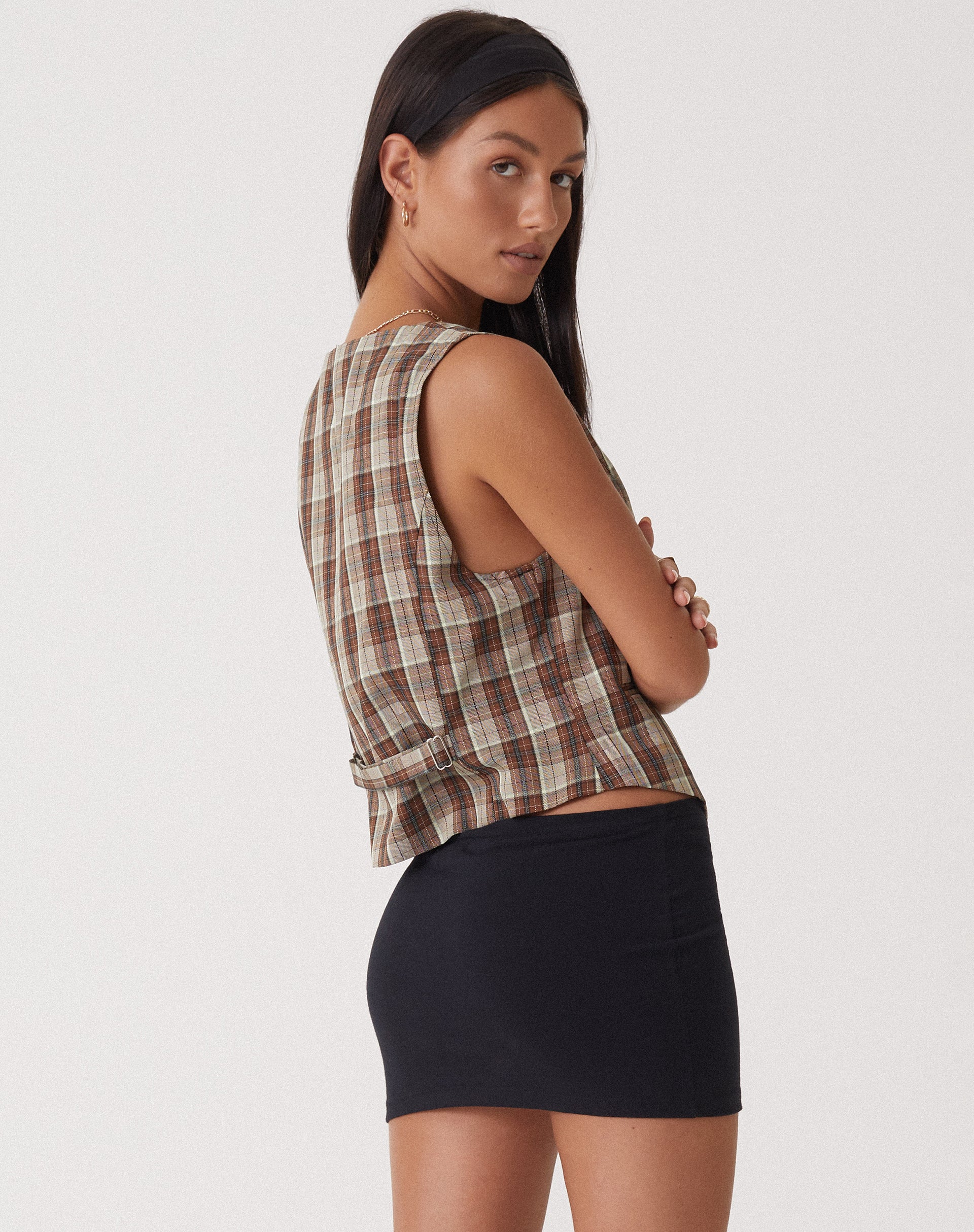 Motel X Olivia Neill Vistana Vest in Check Tan Brown - Image 5