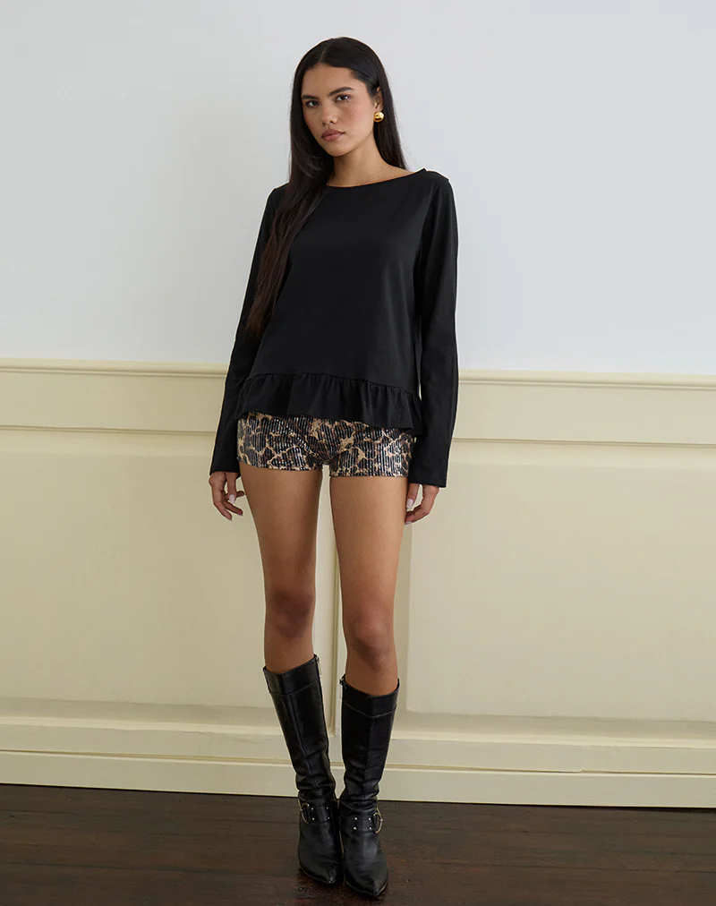 Vivala Boxy Long Sleeve Top in Black with Frill Hem - Image 3