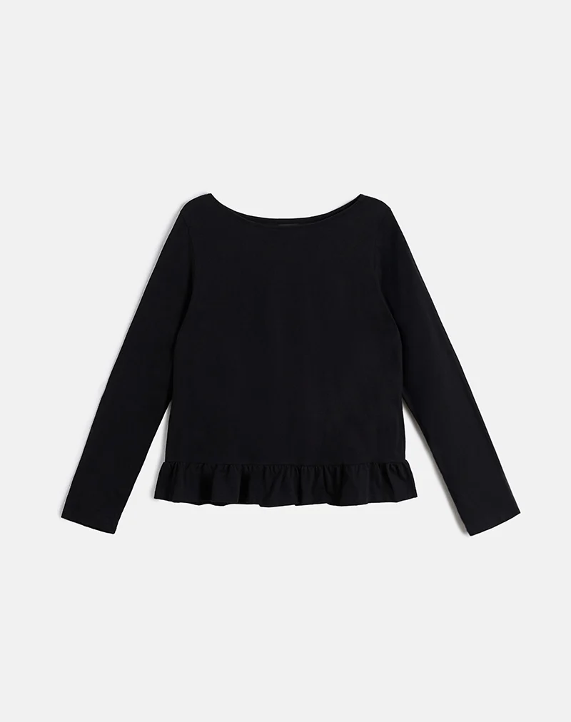 Vivala Boxy Long Sleeve Top in Black with Frill Hem - Image 5